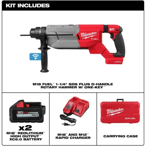 Milwaukee Tools M18 FUEL 1-1/4" SDS Plus D-Handle Rotary Hammer Kit w/ ONE-KEY, M18 FUEL 5" Angle Grinder Paddle Switch, No-Lock (Tool Only), and SDS-Plus MX4 4-Cutter Rotary Hammer Drill Bits - 6pc Kit KIT-2916-22-2880-20-48-20-7499