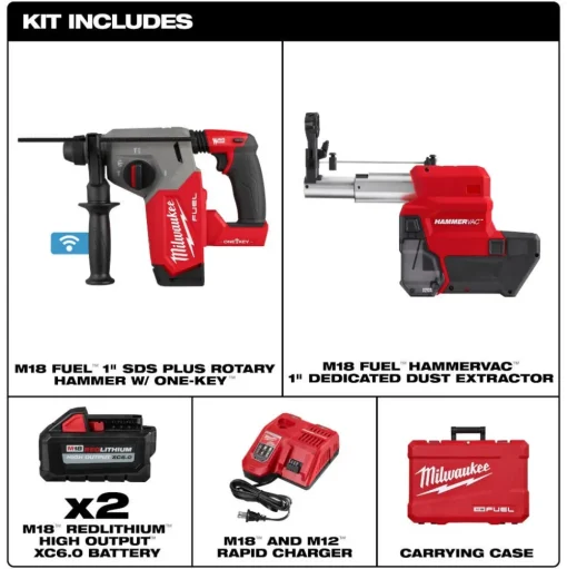 Milwaukee Tools M18 FUEL 1" SDS Plus Rotary Hammer Dust Extractor Kit w/ ONE-KEY, M18 FUEL 5" Angle Grinder Paddle Switch, No-Lock (Tool Only) , and SDS-Plus MX4 4-Cutter Rotary Hammer Drill Bits - 6pc Kit KIT-2914-22DE-2880-20-48-20-7499