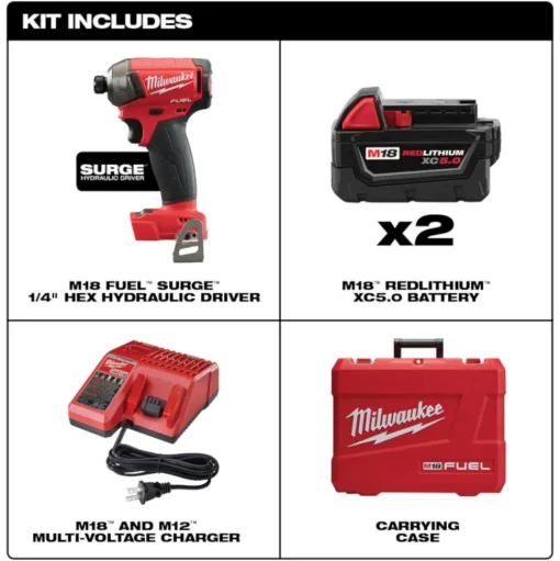 Milwaukee Tools M18 FUEL SURGE 1/4" Hex Hydraulic Driver (5.0Ah) Kit and M18 Red Lithium 5.0 Ah XC Battery 2 PACK KIT-2760-22-48-11-1852