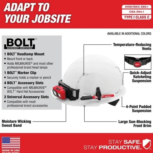 Milwaukee White Front Brim Vented Type 1 Class C Hard Hat w/ 4pt Ratcheting Suspension 48-73-1200