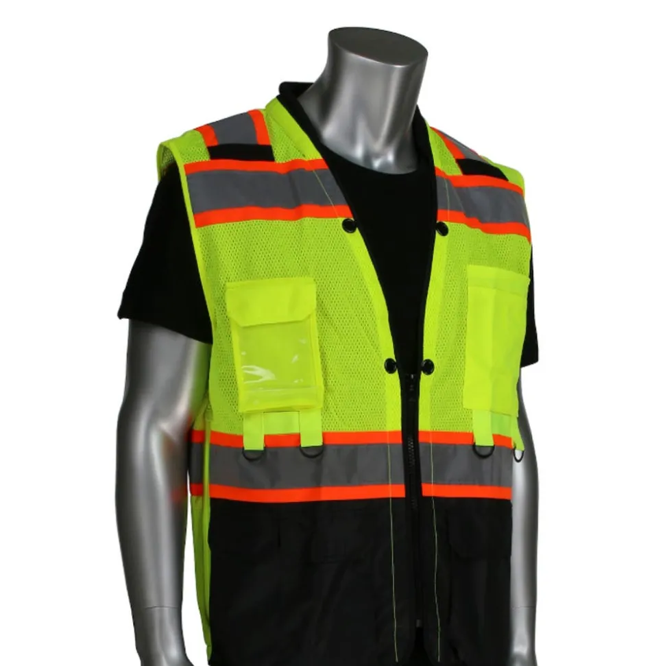 PIP Safety ANSI Type R Class 2 Two-Tone Twelve Pocket Tethering Vest with Ripstop Black Bottom Front and "D" Ring Access 302-0670T-LY/L